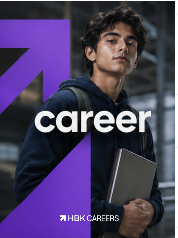 Student with books in front of the HBK Careers arrow